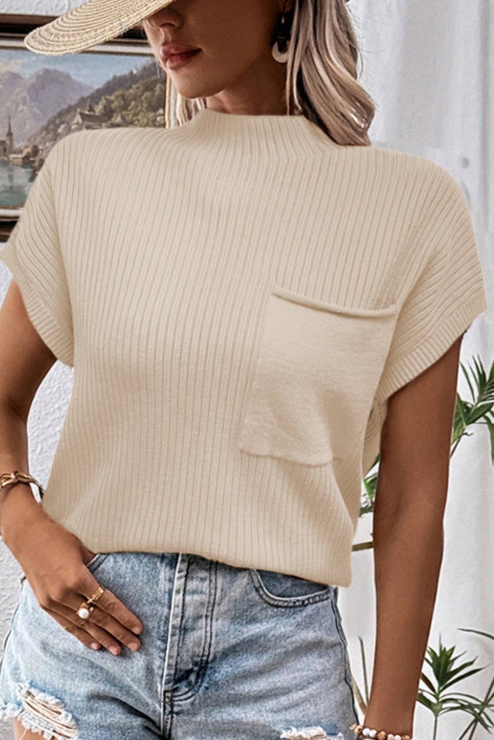 Oatmeal Patch Pocket Ribbed Knit Short Sleeve Sweater